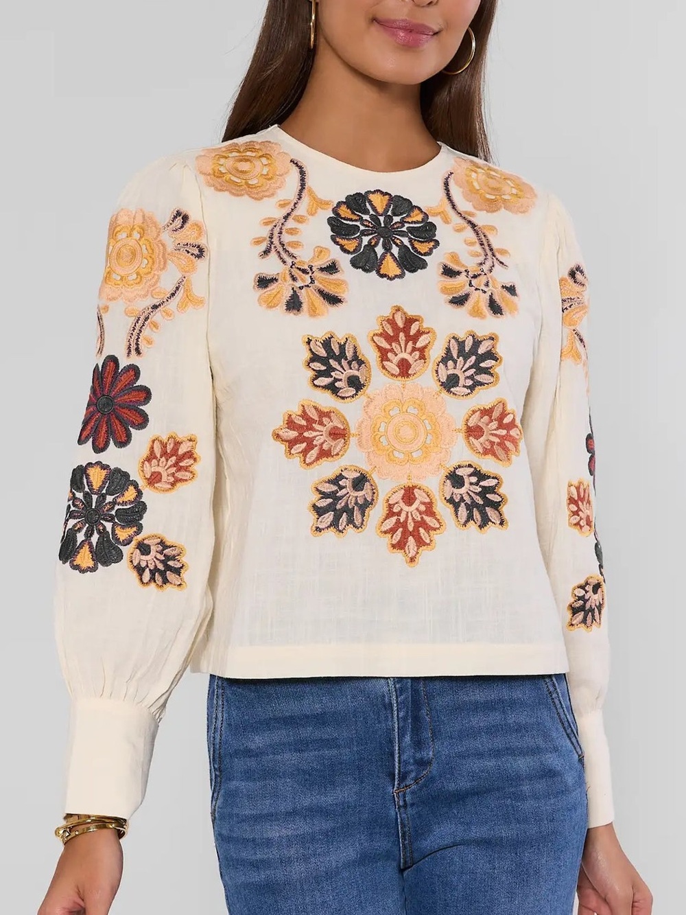 NWT Avara Pinch Winslet Cream Embroidered Floral Blouse Boho Long Sleeve Size S